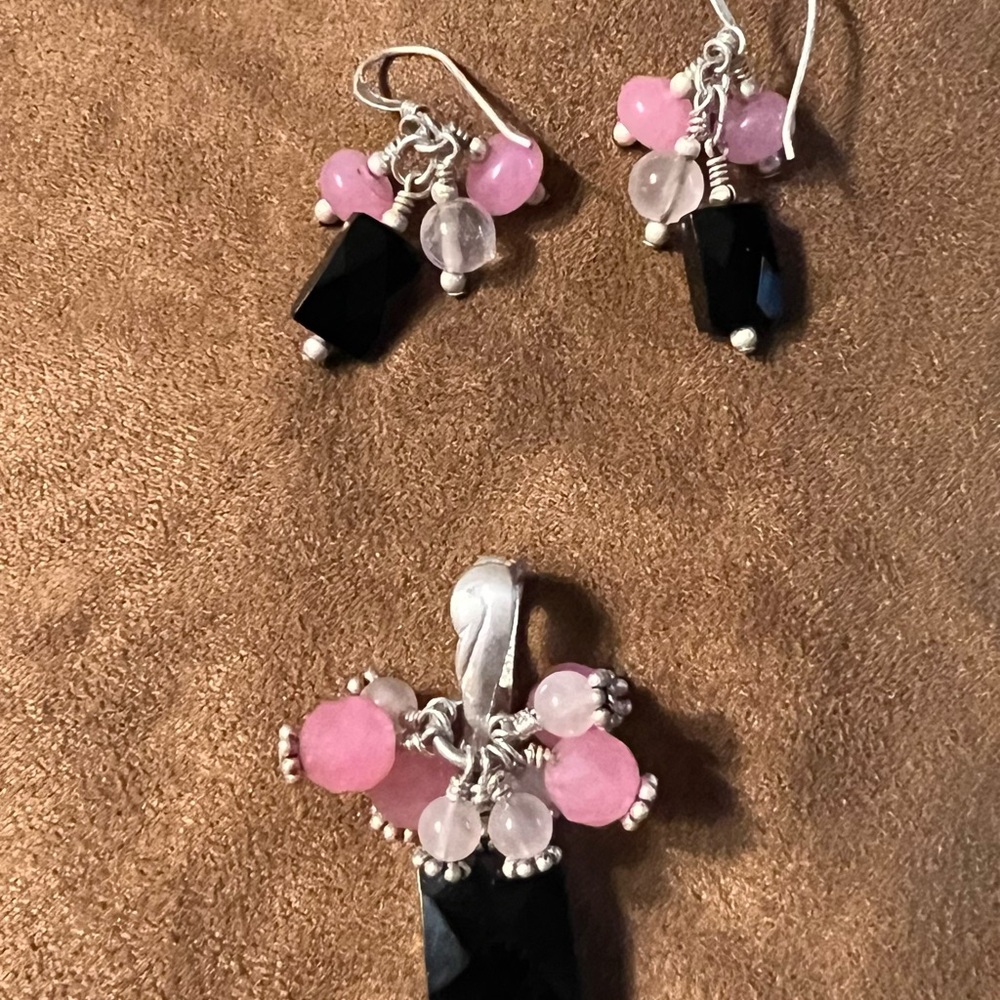 Pink and Black Beaded Necklace Enhancer w black onyx and pink shades of quartz